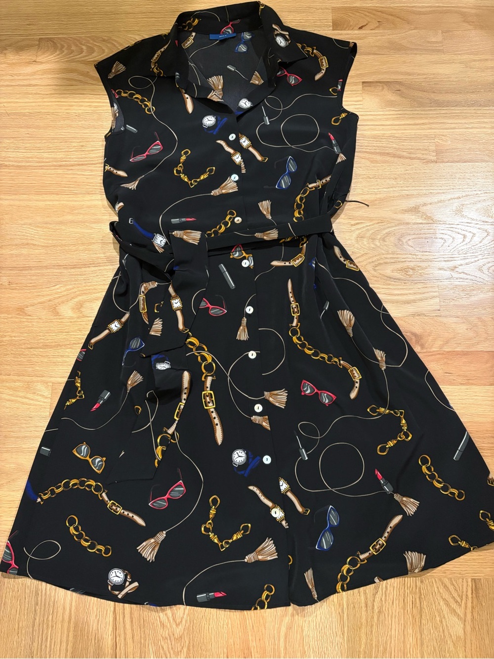 Apt.9 Black Sleeveless Shirt Dress with Accessory Print Sz S